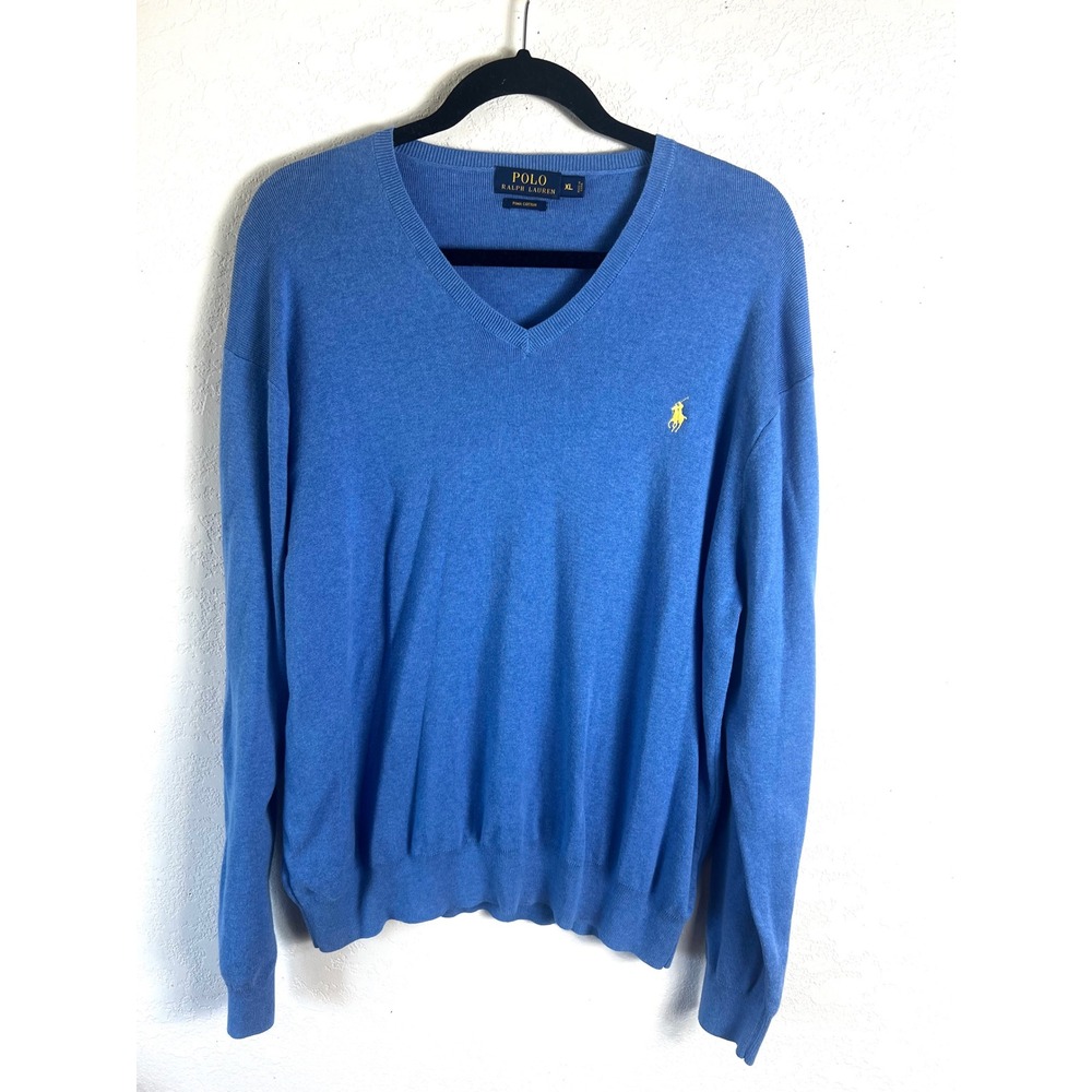 Polo Ralph Lauren Blue V-Neck Sweater Size‎ XL Long Sleeve Pima Cotton Preppy